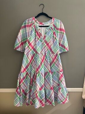 crown & ivy 100% Cotton Pink, Green & Blue Plaid Tiered Midi Dress Lined Spring
